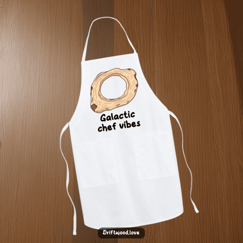 Funny Celestial Chef Apron depicting elongated driftwood with carved-out celestial negative space, perfect for creative cooking.