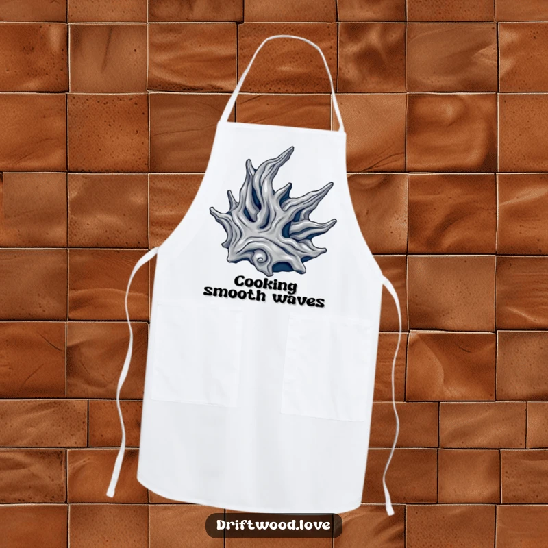 Funny apron depicting a flowing, organic driftwood form in metallic silver and deep navy, suitable for creative kitchen use.