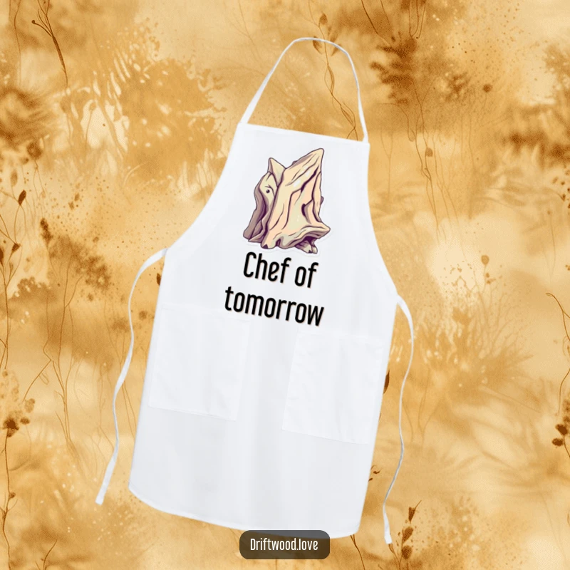 Funny Workshop Apron depicting a sculptural driftwood piece with sharp, futuristic angles and metallic highlights, perfect for creative tasks.
