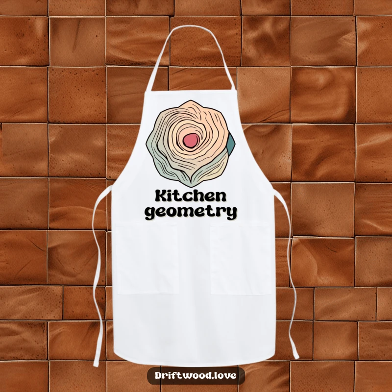 Funny apron with abstract, interlocking geometric shapes inspired by the flowing curves of weathered wood, perfect for kitchen creativity.