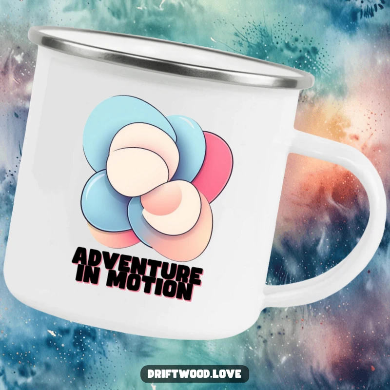 Funny Camping Mug featuring smooth, polished abstract shapes interlocking dynamically, suitable for outdoor enthusiasts and art lovers.