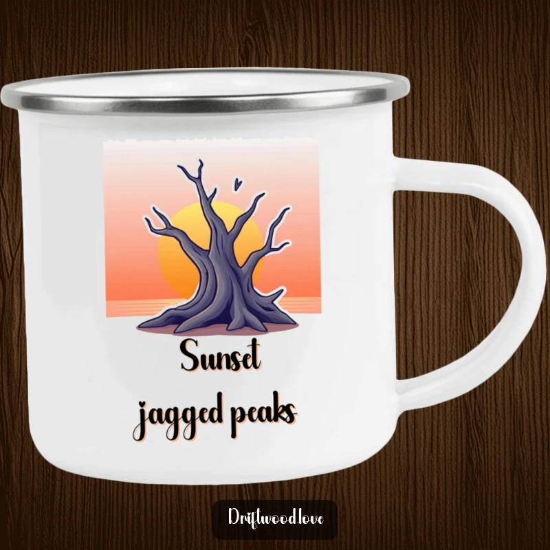 Funny camping mug with a stylized, jagged silhouette of driftwood against a gradient sunset background, perfect for outdoor use.