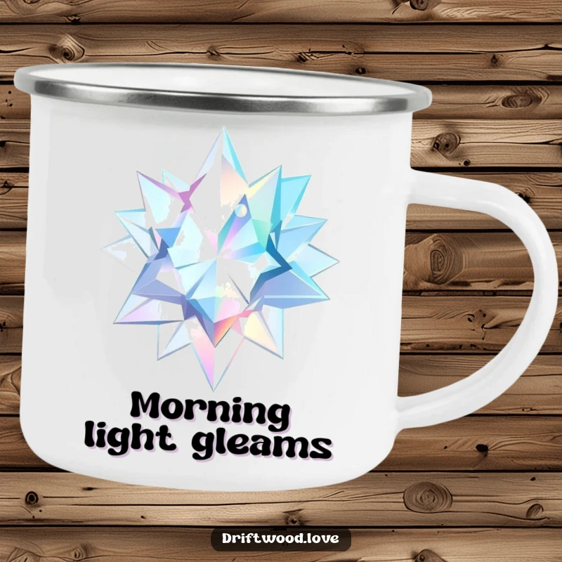Funny Camping Mug featuring sharp, geometric shards reflecting a watery, ethereal light, perfect for mystical outdoor moments.