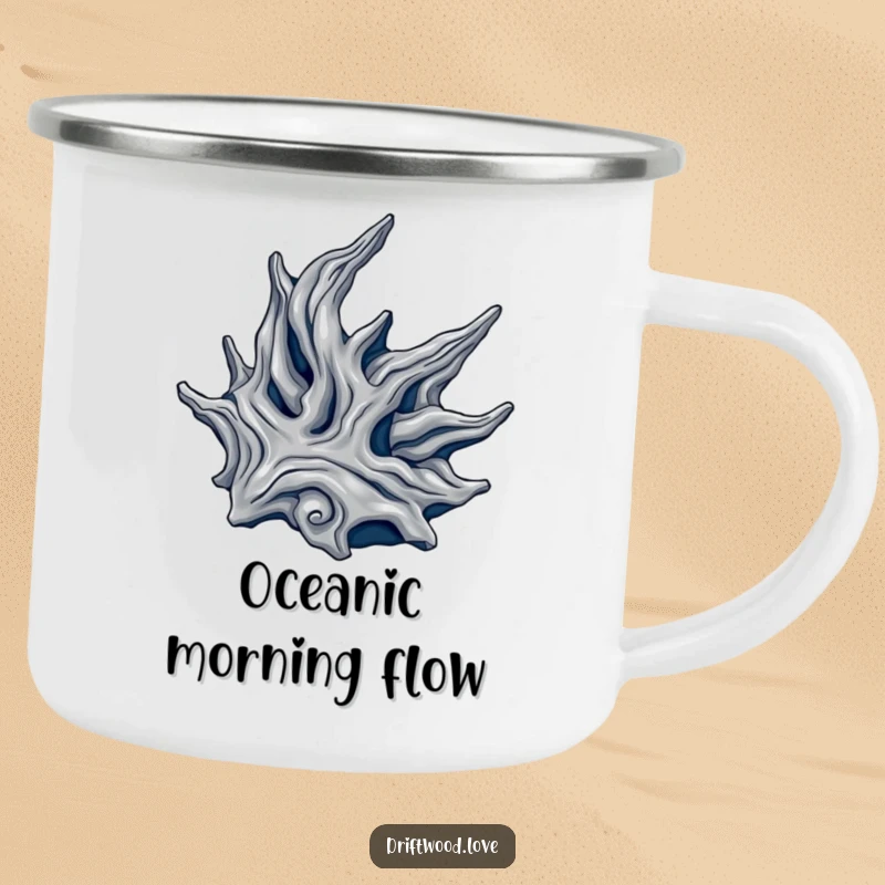 Funny camping mug with a flowing, organic driftwood form in metallic silver and deep navy, perfect for outdoor use with elegance.