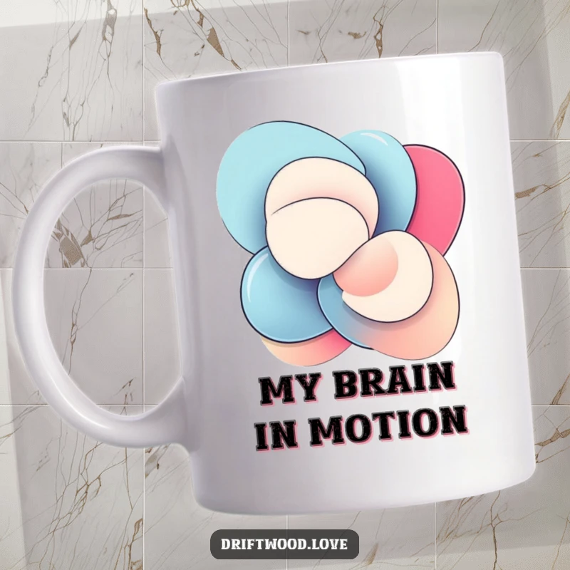 Funny Mug featuring smooth, polished abstract shapes interlocking in dynamic, energetic motion, representing modern art and sophisticated fun.