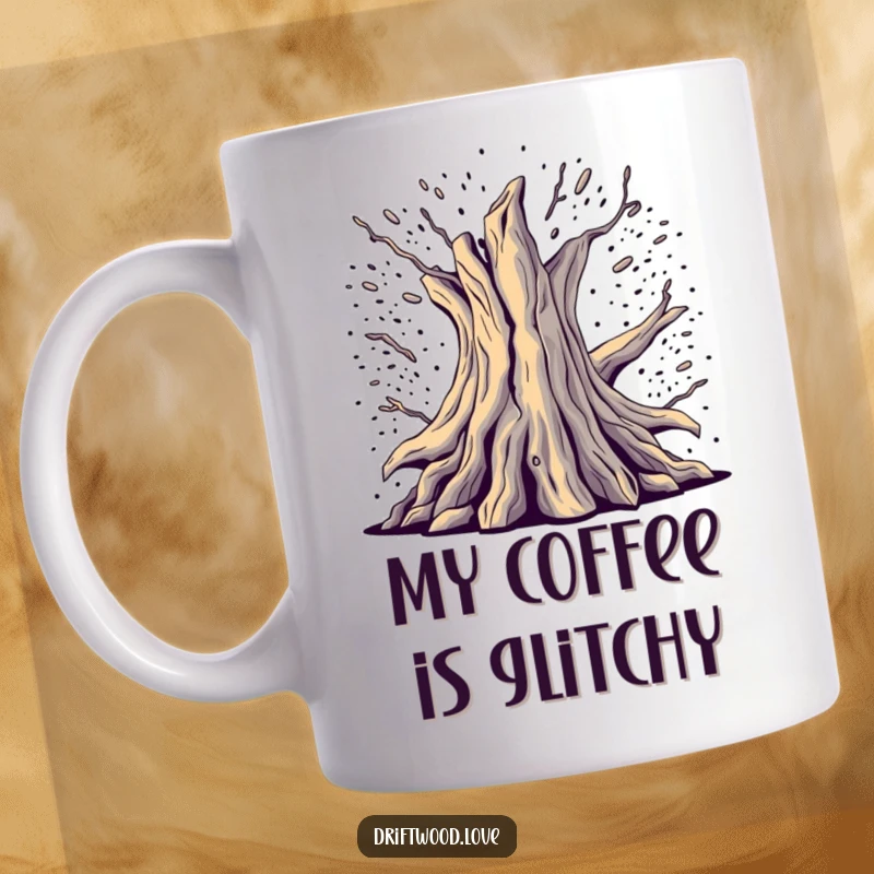 Funny Glitch Driftwood Mug with a fragmented, deconstructed driftwood form emerging from digital noise, creating a unique, tech-inspired aesthetic.