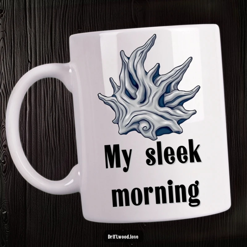Funny coffee mug with a flowing, organic driftwood form beautifully rendered in metallic silver and deep navy, offering an elegant artistic design.