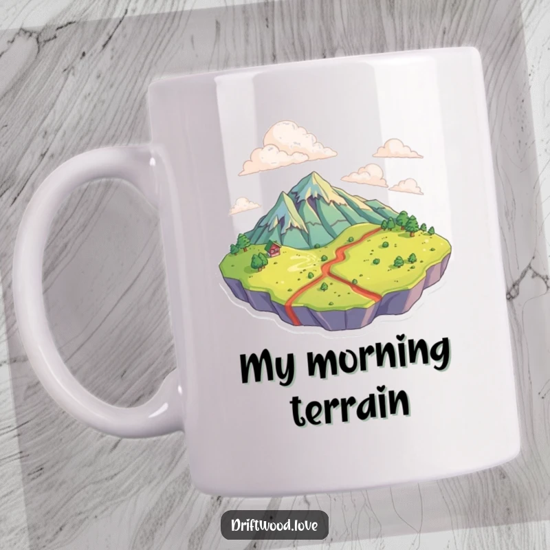 Funny Mug showcasing textured surfaces forming a detailed topographical landscape, evoking adventure and exploration.