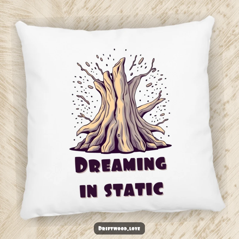 Funny Accent Pillow with fragmented, deconstructed driftwood emerging from digital noise, adding a modern, funny touch to decor.