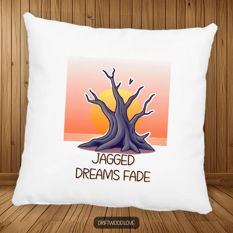 Funny pillow with a jagged silhouette of driftwood against a gradient sunset background, offering artistic comfort and a touch of nature.