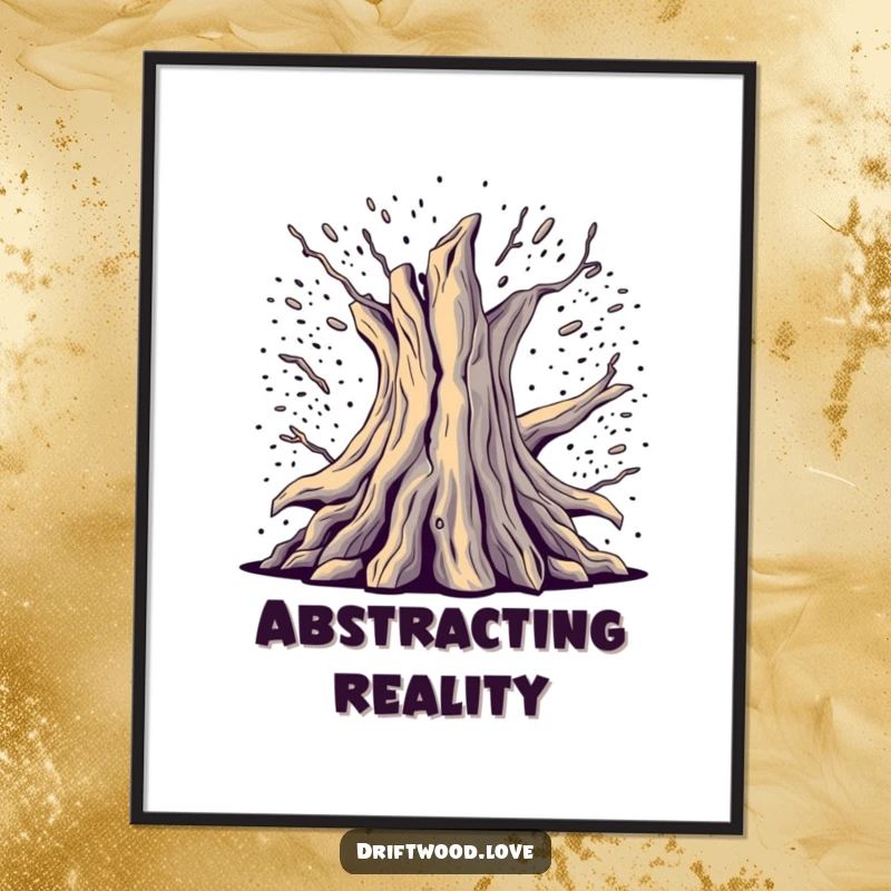 Funny Wall Art Print of fragmented, deconstructed driftwood emerging from digital noise, a striking fusion of nature and technology.