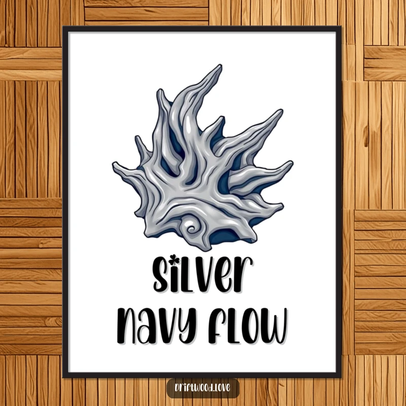 Funny digital art print featuring a flowing, organic driftwood form rendered in metallic silver and deep navy, ideal for elegant wall art.