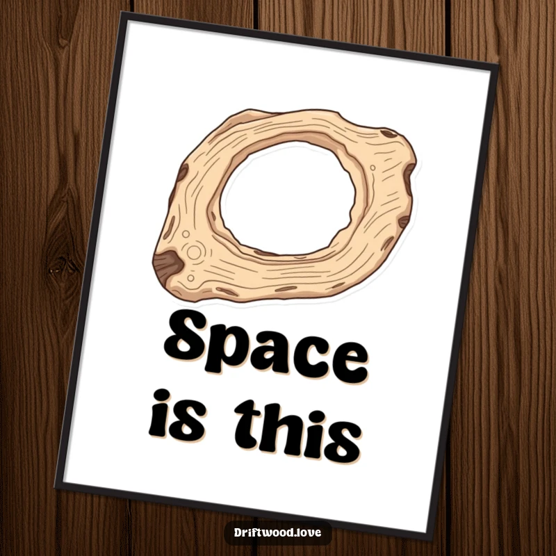 Funny Celestial Art Print of elongated driftwood with carved-out negative space resembling a celestial body, evoking cosmic mystery.
