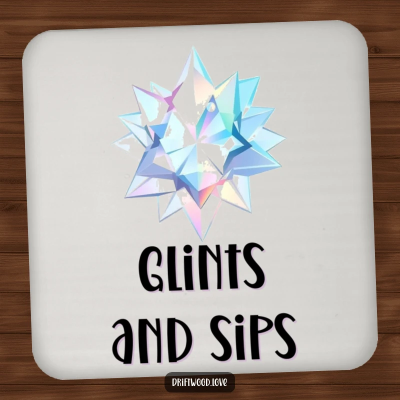 Funny Drink Coasters adorned with sharp, geometric shards reflecting a watery, ethereal light, offering enchanting surface protection.