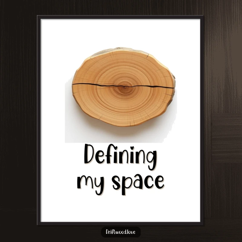 Funny poster featuring a polished piece of driftwood with one bold, dark line etched across, serving as minimalist wall art.