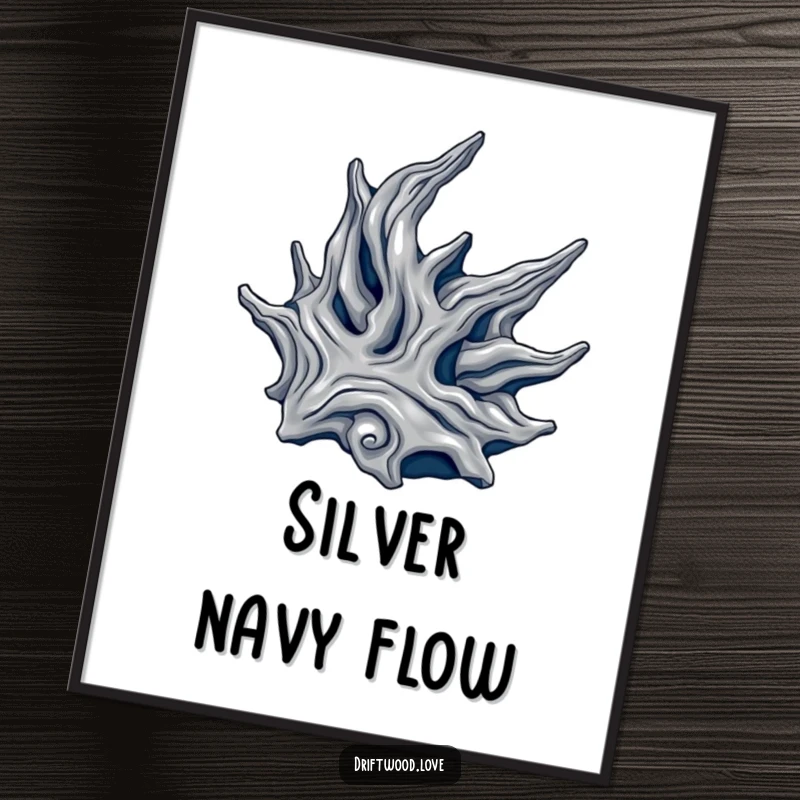 Funny poster featuring a flowing, organic driftwood form rendered in metallic silver and deep navy, ideal for elegant wall art.