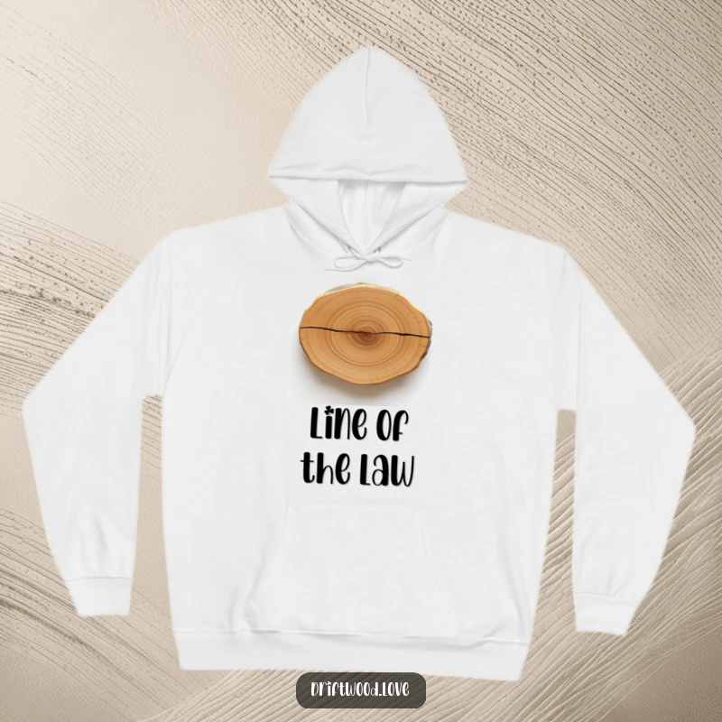 Funny hoodie showcasing a smooth, polished driftwood piece with a solitary, bold, dark line, offering warmth and artistic minimalist humor.