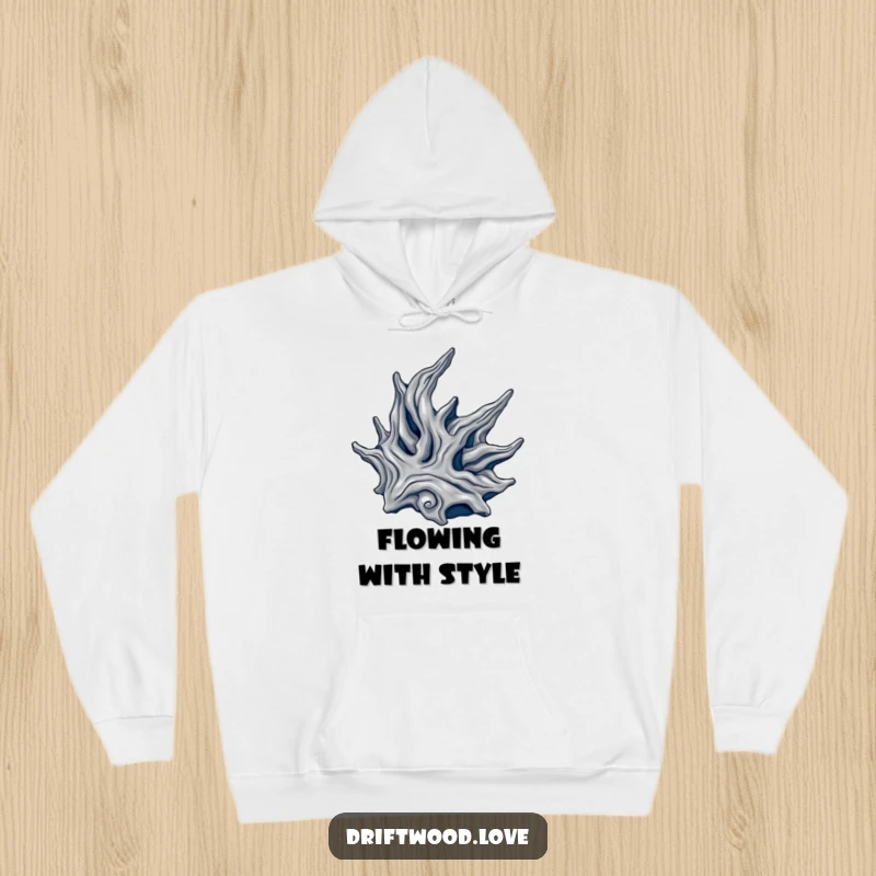 Funny hoodie featuring a flowing, organic driftwood form rendered in metallic silver and deep navy, offering warmth and sophisticated artistic appeal.