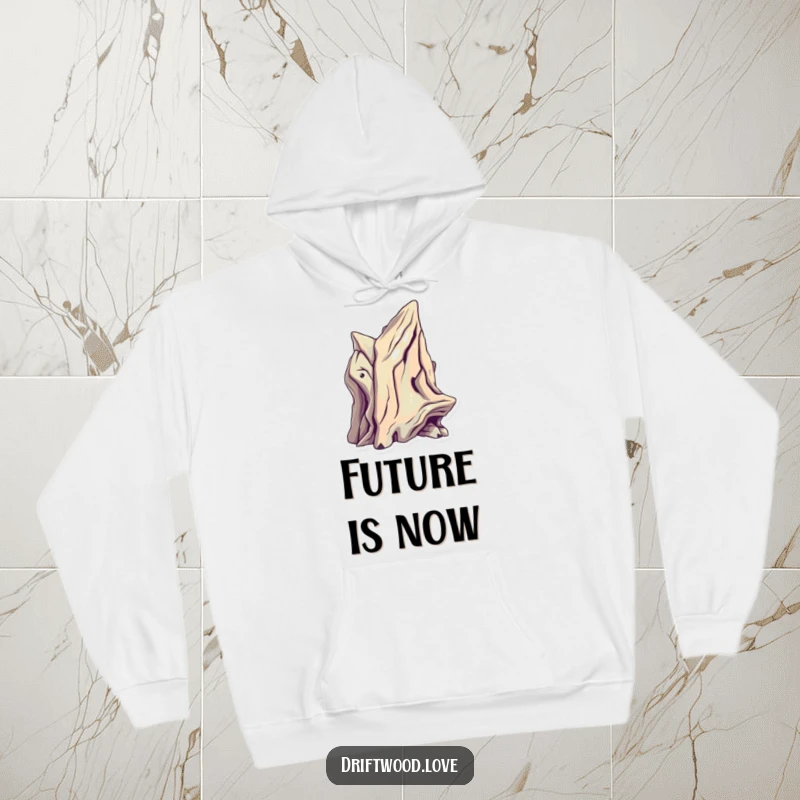 Funny Techwear Driftwood Hoodie with a sculptural driftwood piece showing sharp, futuristic angles and metallic highlights, giving a cyberpunk feel.