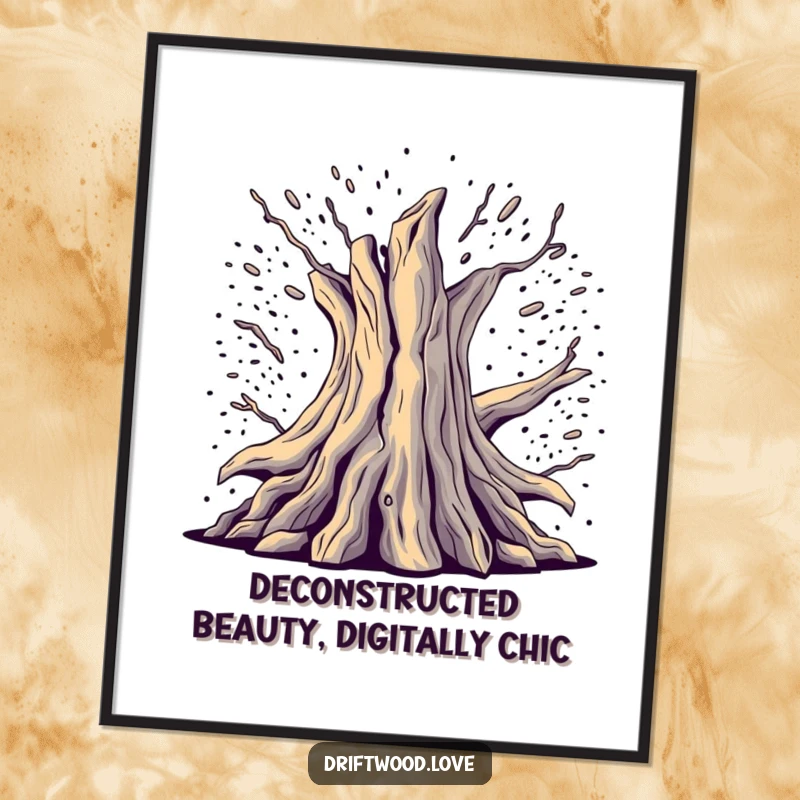 Funny Free Printable Wall Art: A fragmented, deconstructed driftwood form dramatically emerging from digital noise, creating a striking and artistic statement.
