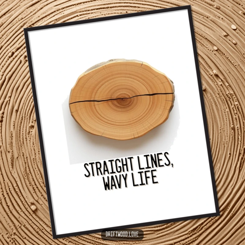 Funny Free Printable Wall Art: A single, bold dark line across smooth, polished driftwood for modern decor