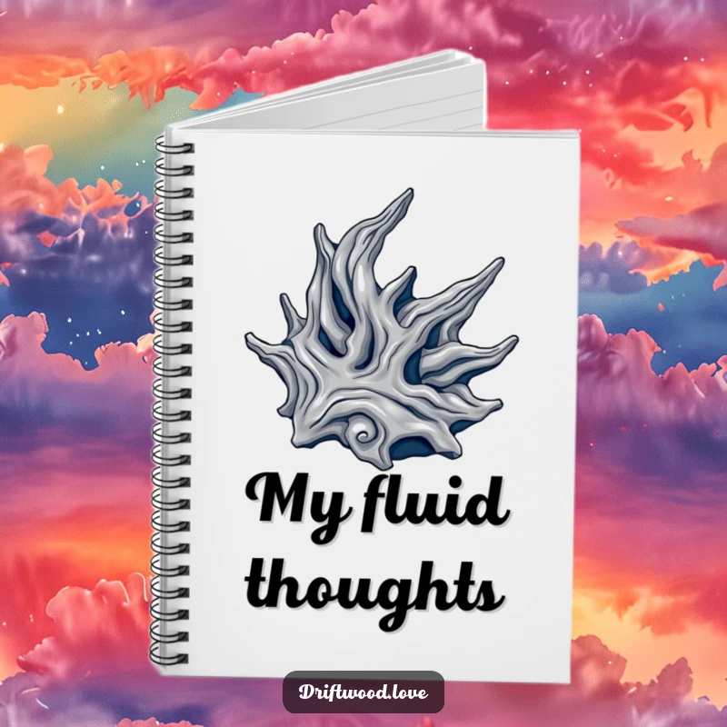 Funny notebook with a cover featuring a flowing, organic driftwood form in metallic silver and deep navy, perfect for artistic note-taking.