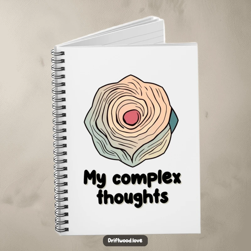 Funny notebook featuring a cover with abstract, interlocking geometric shapes inspired by the organic curves of weathered wood.