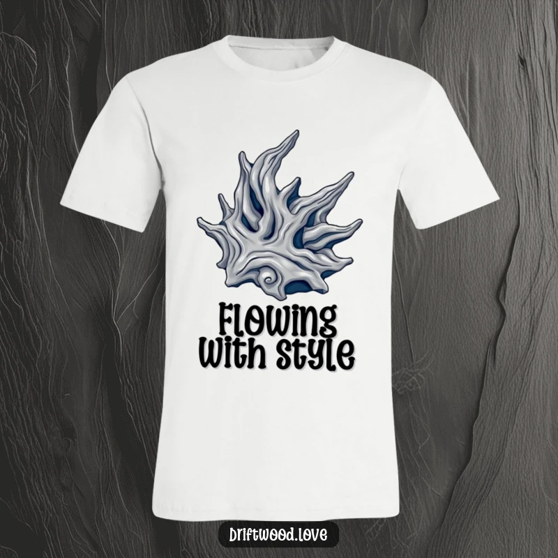 Funny T-shirt displaying a flowing, organic driftwood shape artfully rendered in metallic silver and deep navy, creating a luxurious look.