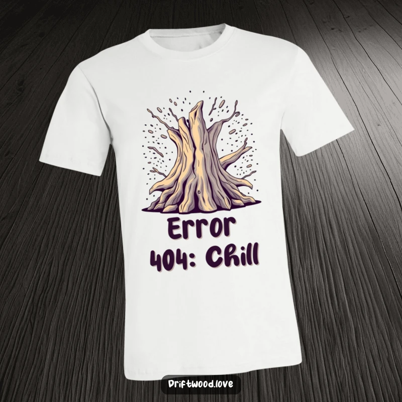 Funny Deconstructed Driftwood T-Shirt featuring fragmented wood emerging from digital noise, representing a cool glitch art style.