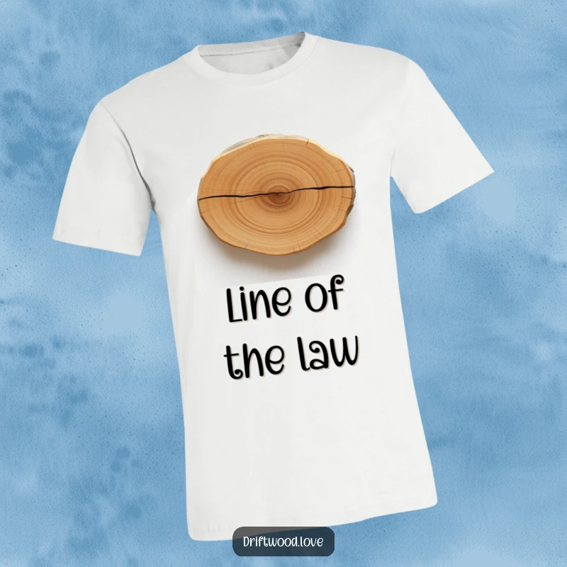 Funny T-shirt featuring a polished, smooth piece of driftwood with a single, bold, dark line etched across, showcasing minimalist artistic flair.