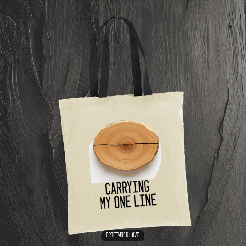 Funny tote bag displaying a smooth, polished driftwood look with a single, bold, dark line, perfect for carrying essentials with artistic flair.