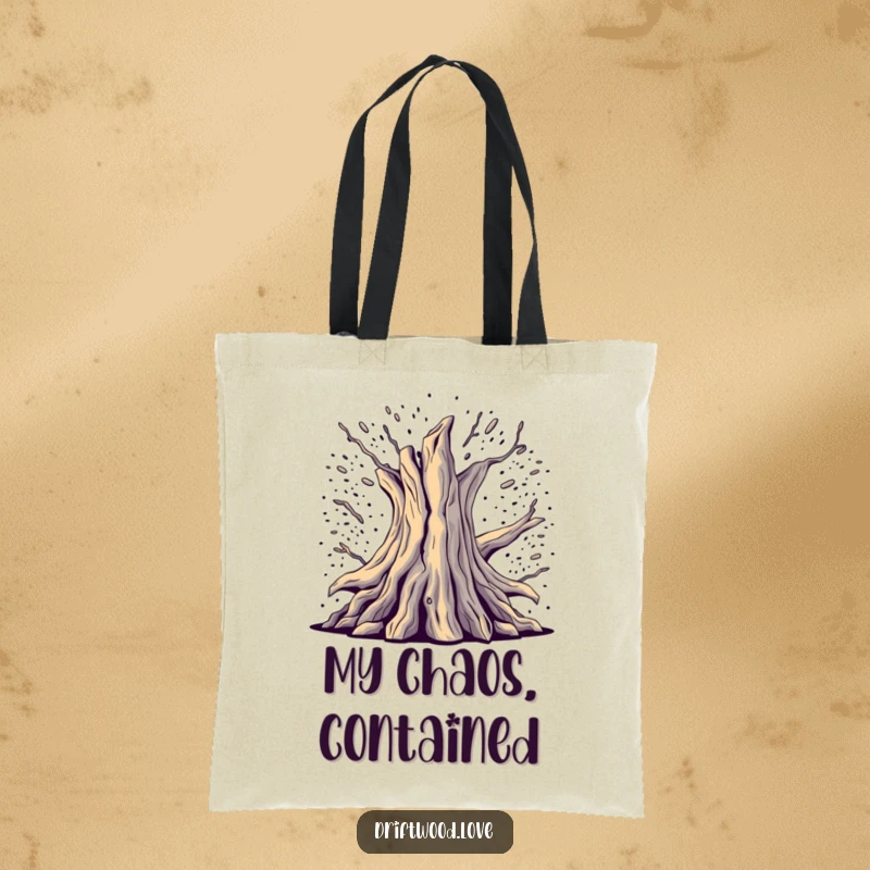 Funny Art Tote Bag depicting fragmented, deconstructed driftwood emerging from digital noise, a unique blend of nature and technology.