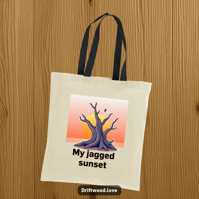 Funny tote bag with a stylized, jagged silhouette of driftwood set against a colorful gradient sunset background, perfect for everyday use.