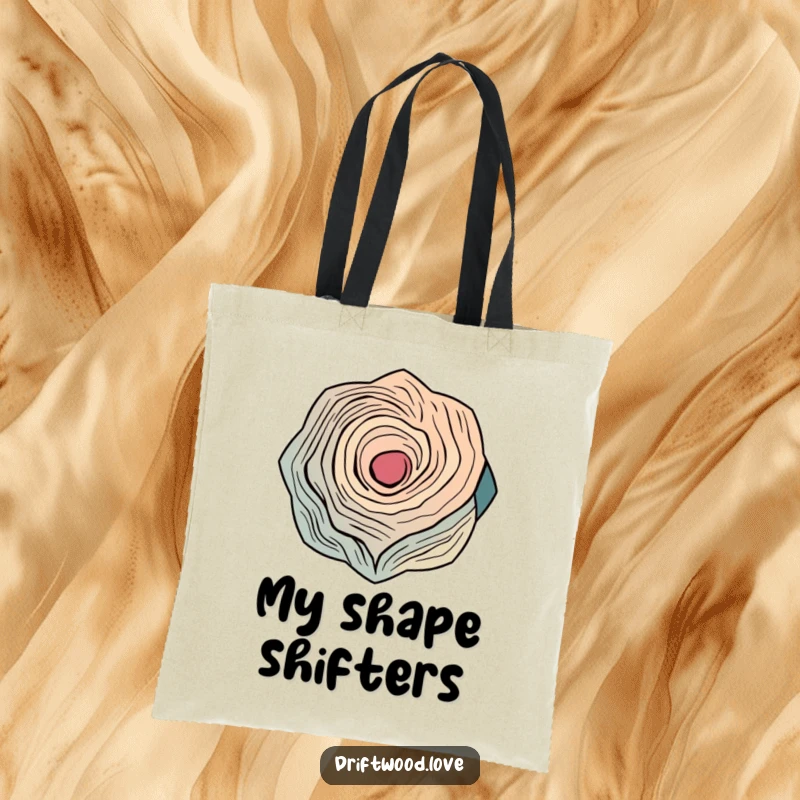 Funny tote bag showcasing interlocking geometric patterns that abstractly represent the organic curves of weathered wood, blending art and utility.